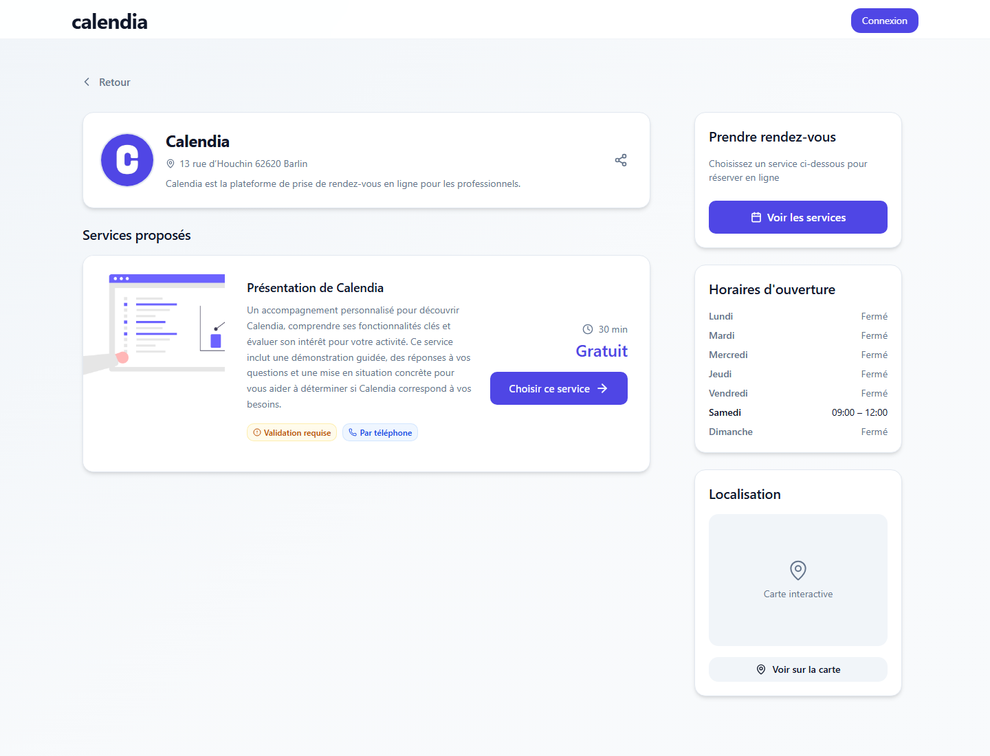Capture réelle de Calendia pour la réservation en ligne d'un officiant de cérémonie laïque