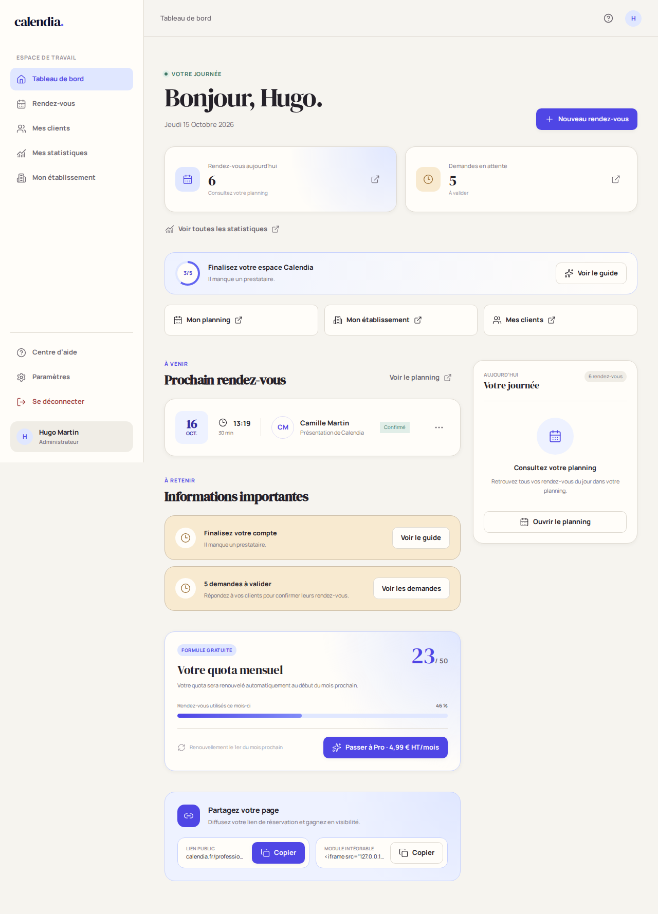 Tableau de bord Calendia avec les rendez-vous du jour et les demandes en attente